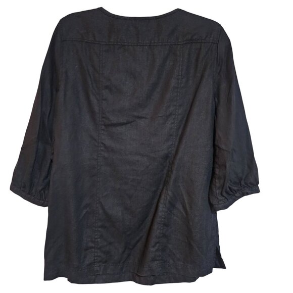Orvis Women's Black Top M 3/4 Sleeve 100% Linen Button Front Office Business - Picture 2 of 13